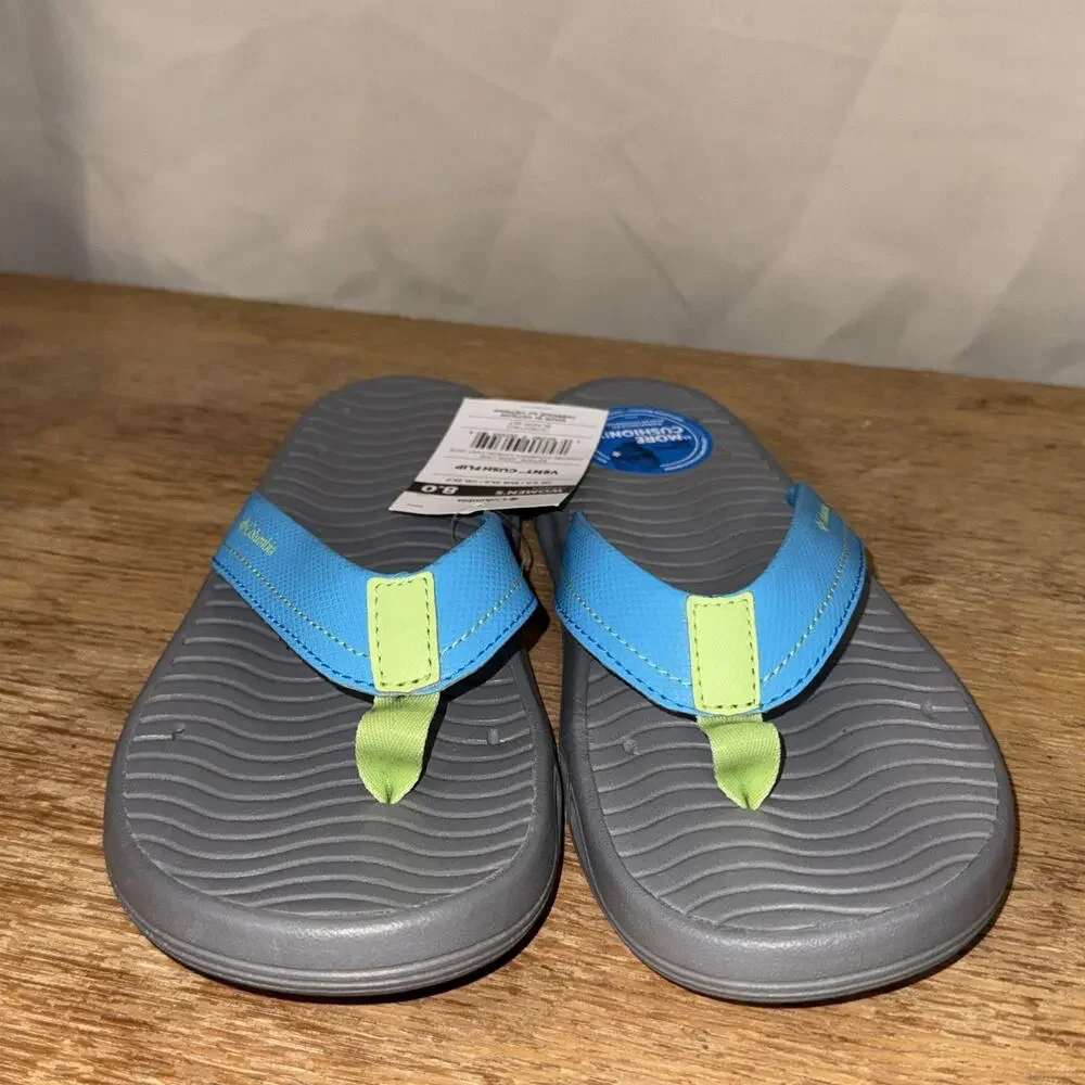 Columbia Vent Cush Flip Sandals Womens 8 Gray Blue Jade Lime Comfort Flip Flops